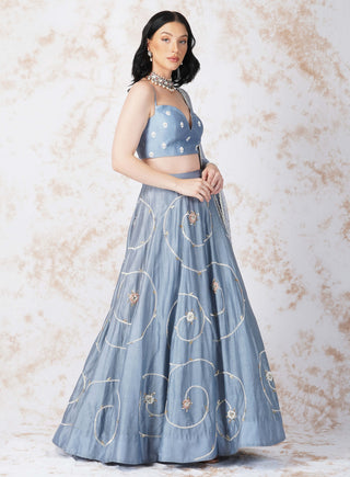 Baroque flower pigeon blue lehenga set