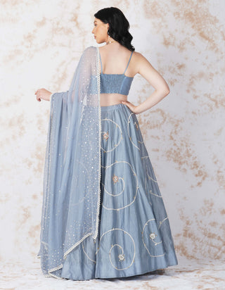 Baroque flower pigeon blue lehenga set