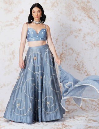 Baroque flower pigeon blue lehenga set