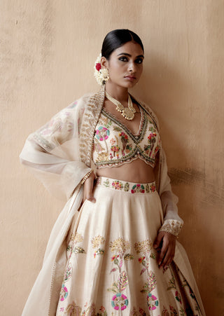 Ivory raw silk floral lehenga set