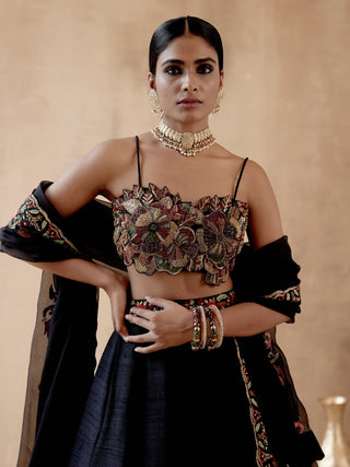 Black raw silk lehenga set