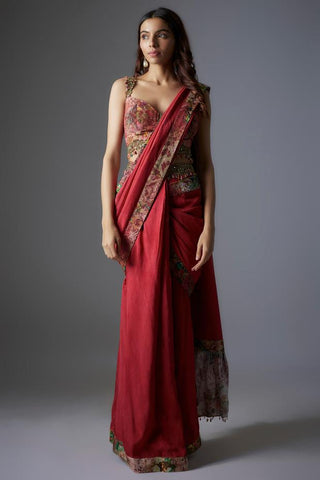 Maroon raw silk patchwork & botanical printed saree set