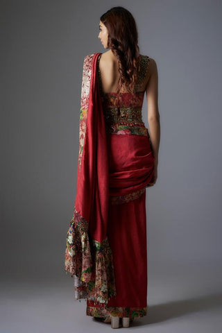 Maroon raw silk patchwork & botanical printed saree set