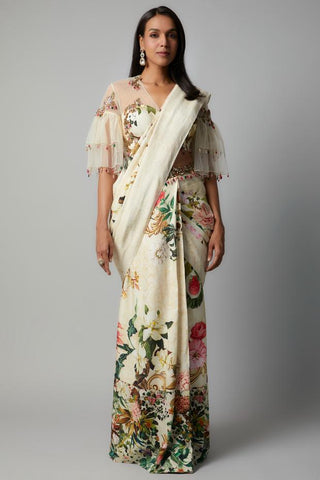 Ivory raw silk botanical printed saree set