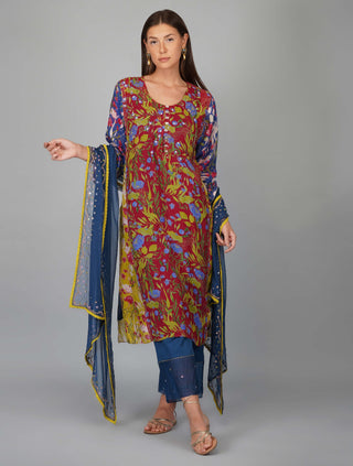 Multicolor flower print panelled kurta set