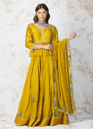 Antique work mustard lehenga set