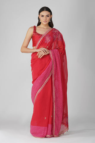 Red starry rose two-tone saree set