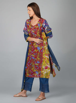 Multicolor flower print panelled kurta set