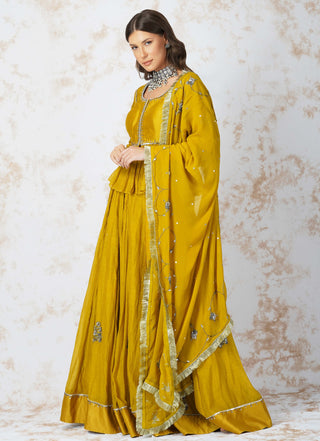 Antique work mustard lehenga set