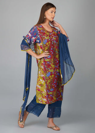 Multicolor flower print panelled kurta set