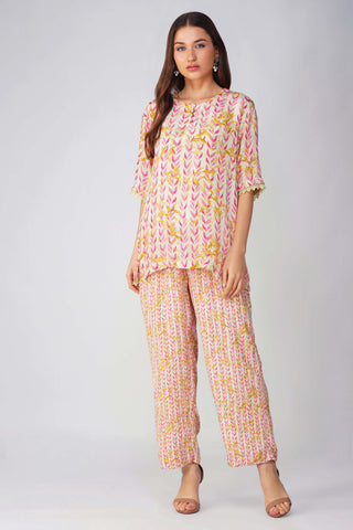 Pink leaf printed pant set