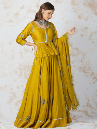 Antique work mustard lehenga set