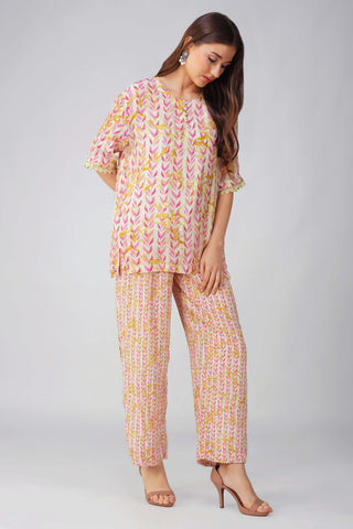 Pink leaf printed pant set