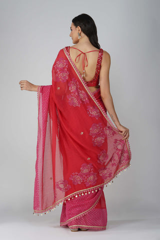 Red starry rose two-tone saree set