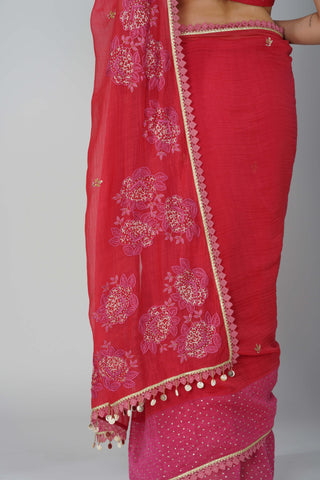 Red starry rose two-tone saree set