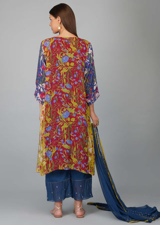 Multicolor flower print panelled kurta set