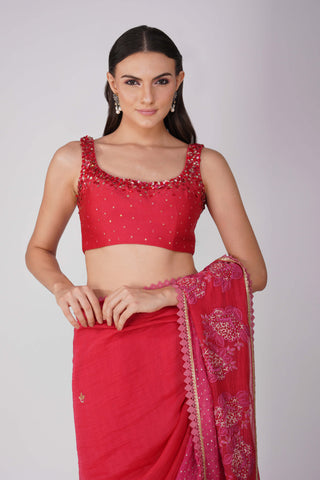 Red starry rose two-tone saree set