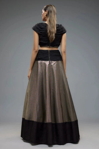 Black and gold raw silk patchwork lehenga