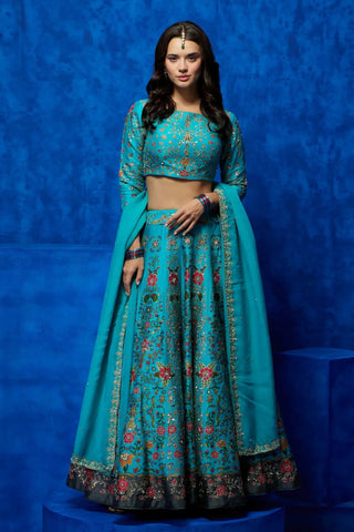 Turquoise floral printed lehenga set