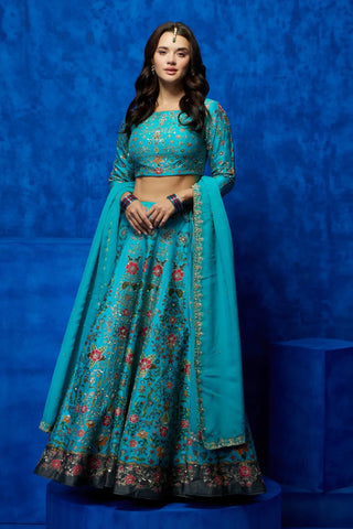 Turquoise floral printed lehenga set