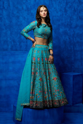 Turquoise floral printed lehenga set