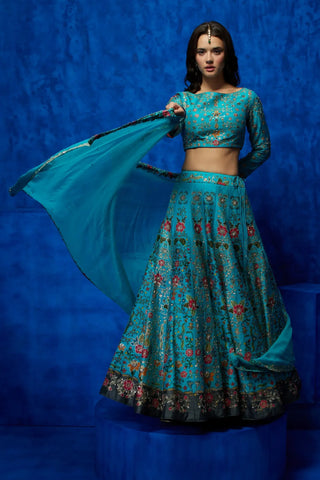 Turquoise floral printed lehenga set