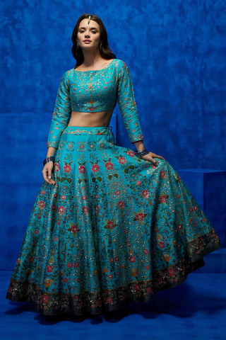 Turquoise floral printed lehenga set