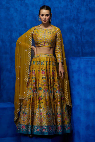 Yellow floral printed lehenga set