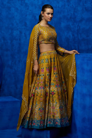 Yellow floral printed lehenga set