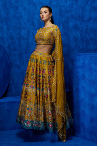 Yellow floral printed lehenga set