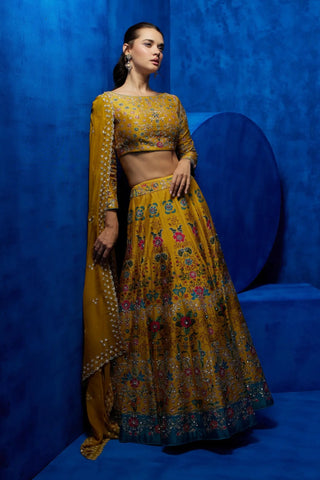 Yellow floral printed lehenga set