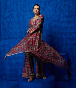 Gray printed tunic paired with wide-leg pants and dupatta