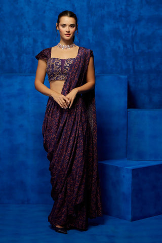 Purple floral printed drape saree