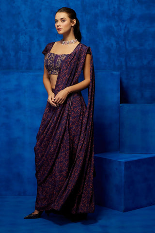 Purple floral printed drape saree