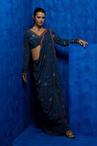 Teal floral printed drape saree