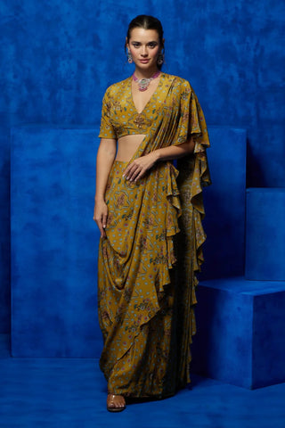 Yellow floral printed drape saree