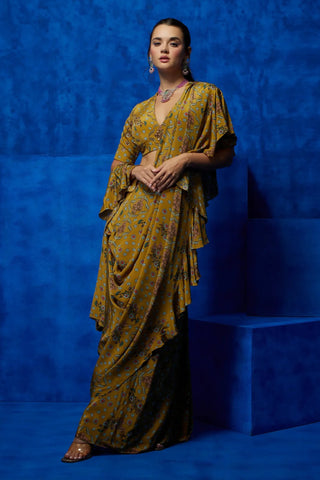 Yellow floral printed drape saree