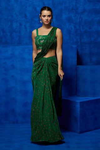 Emerald floral printed drape saree