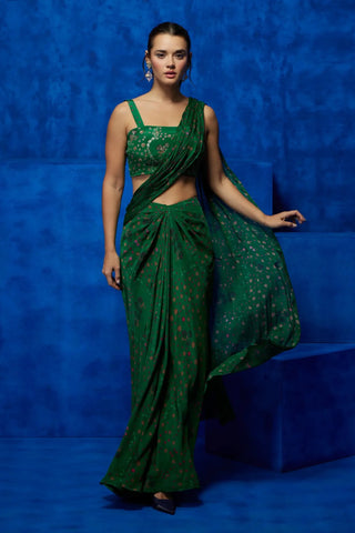 Emerald floral printed drape saree