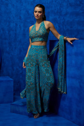 Turquoise floral printed halter top with pants