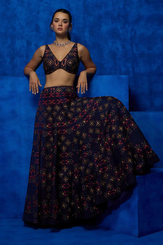 Navy blue starry print lehenga set