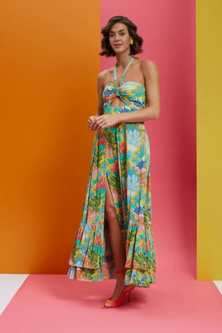 Printed halter tie up with front waist cut out dress