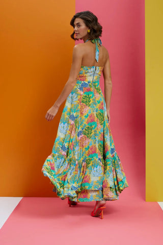 Printed halter tie up with front waist cut out dress