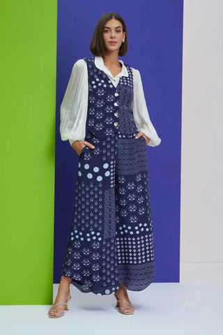 Blue waist coat with chiffon shirt and high low pants