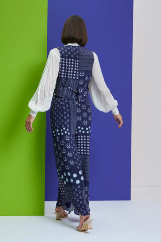 Blue waist coat with chiffon shirt and high low pants