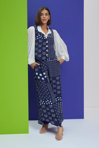 Blue waist coat with chiffon shirt and high low pants