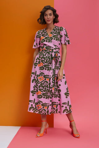 Printed wrap detail tie up dress