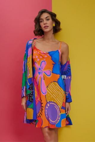 Multicolor slip dress with blazer