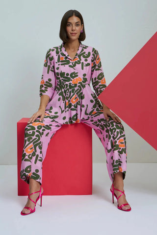 Pink printed peplum top with pants