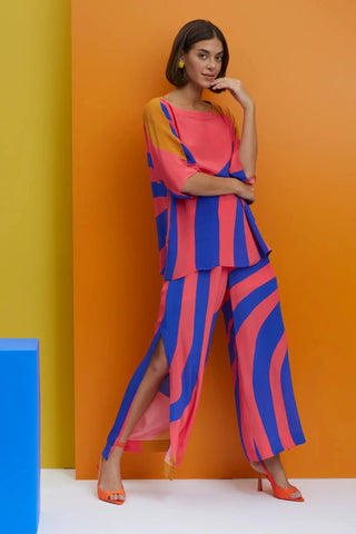 Blue and coral boxy top with slitted pants